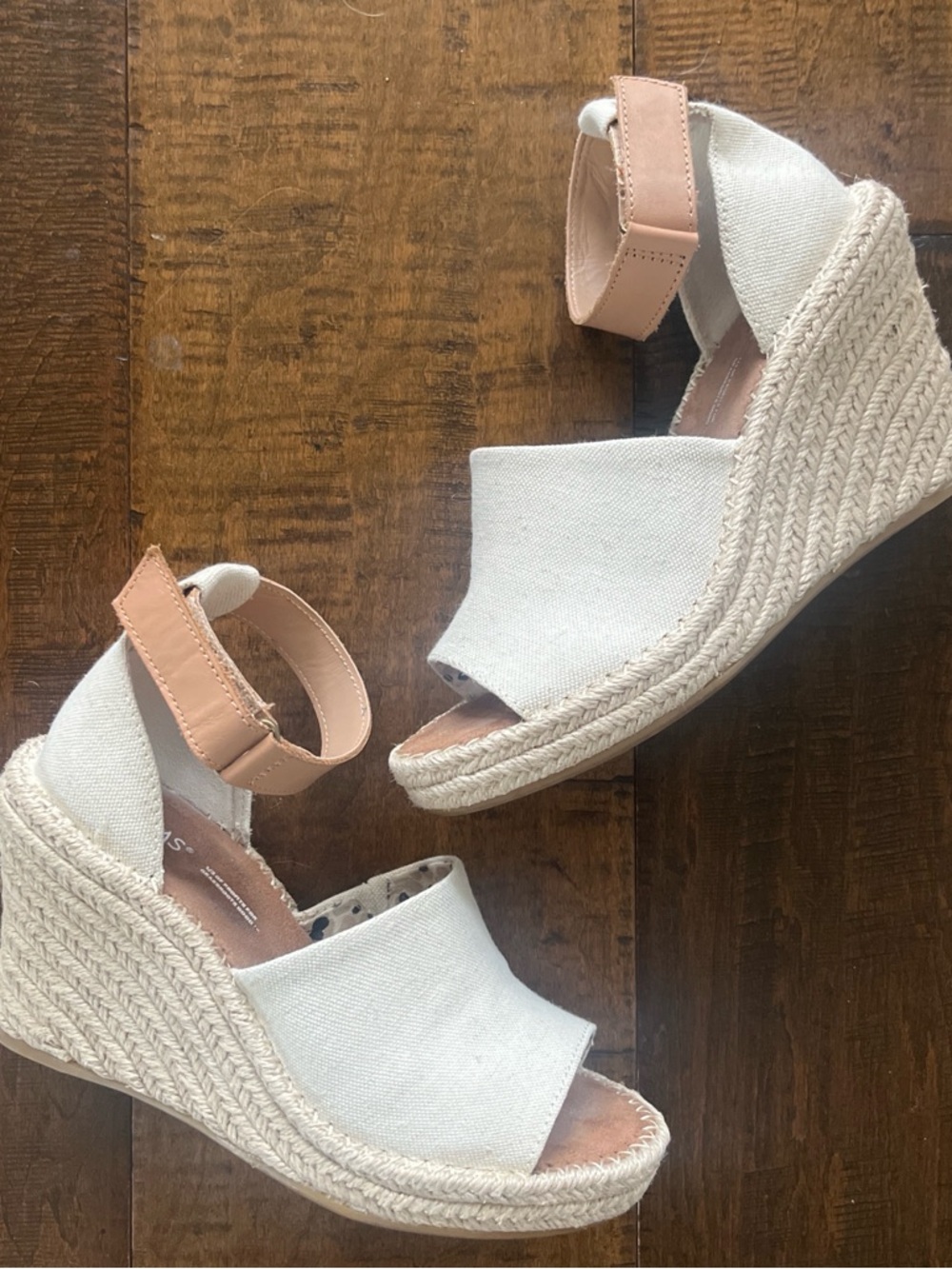 TOMS Marisol Espadrille Wedge white canvas ankle strap sandals sz 7